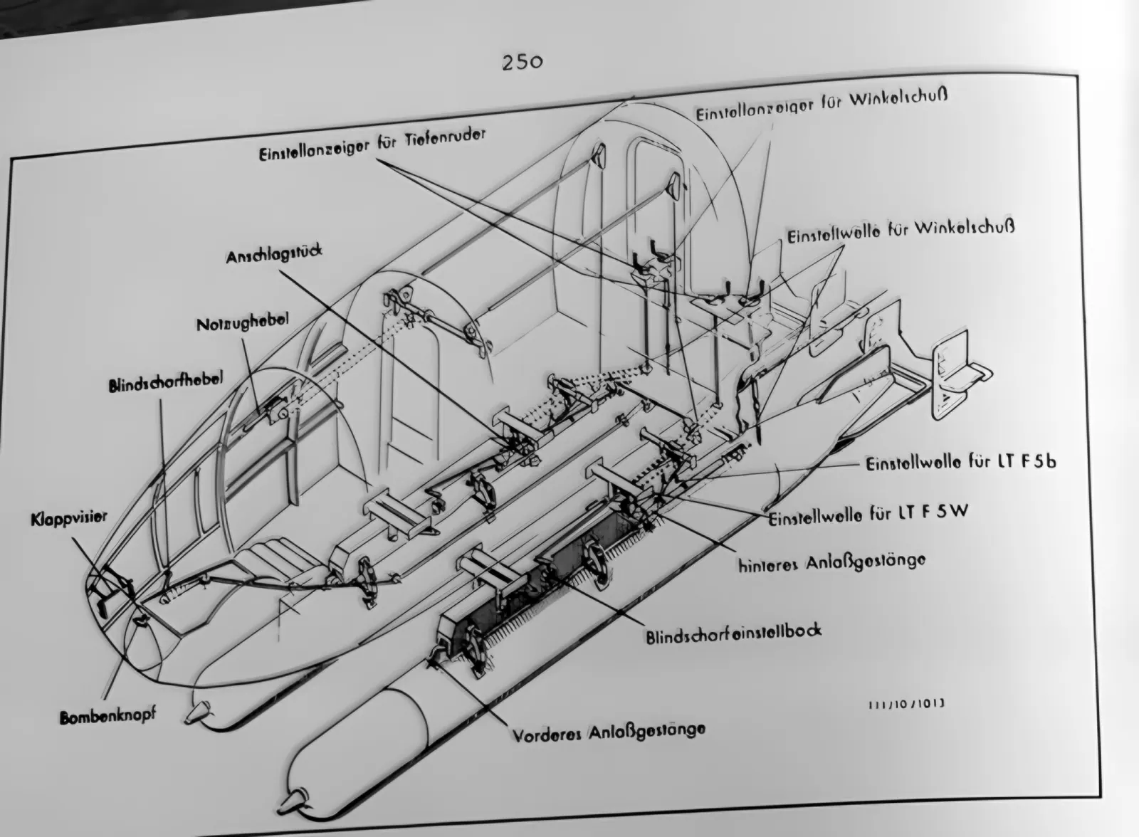 Rysunek techniczny przekroju kadłuba He 111 z dwiema torpedami