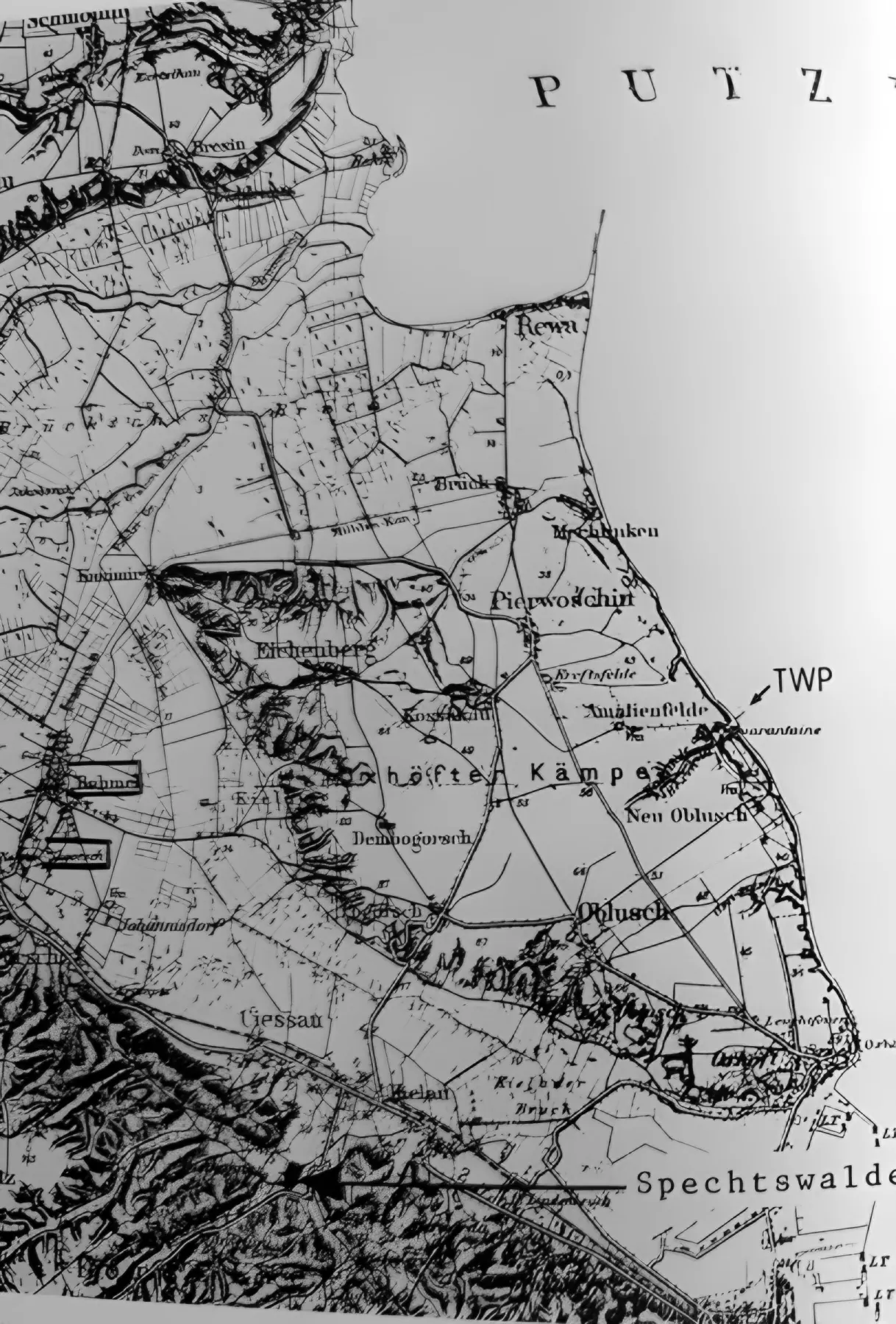 Mapa okolic Gdyni ze wskazanym TWP i osiedlem Spechtswalde