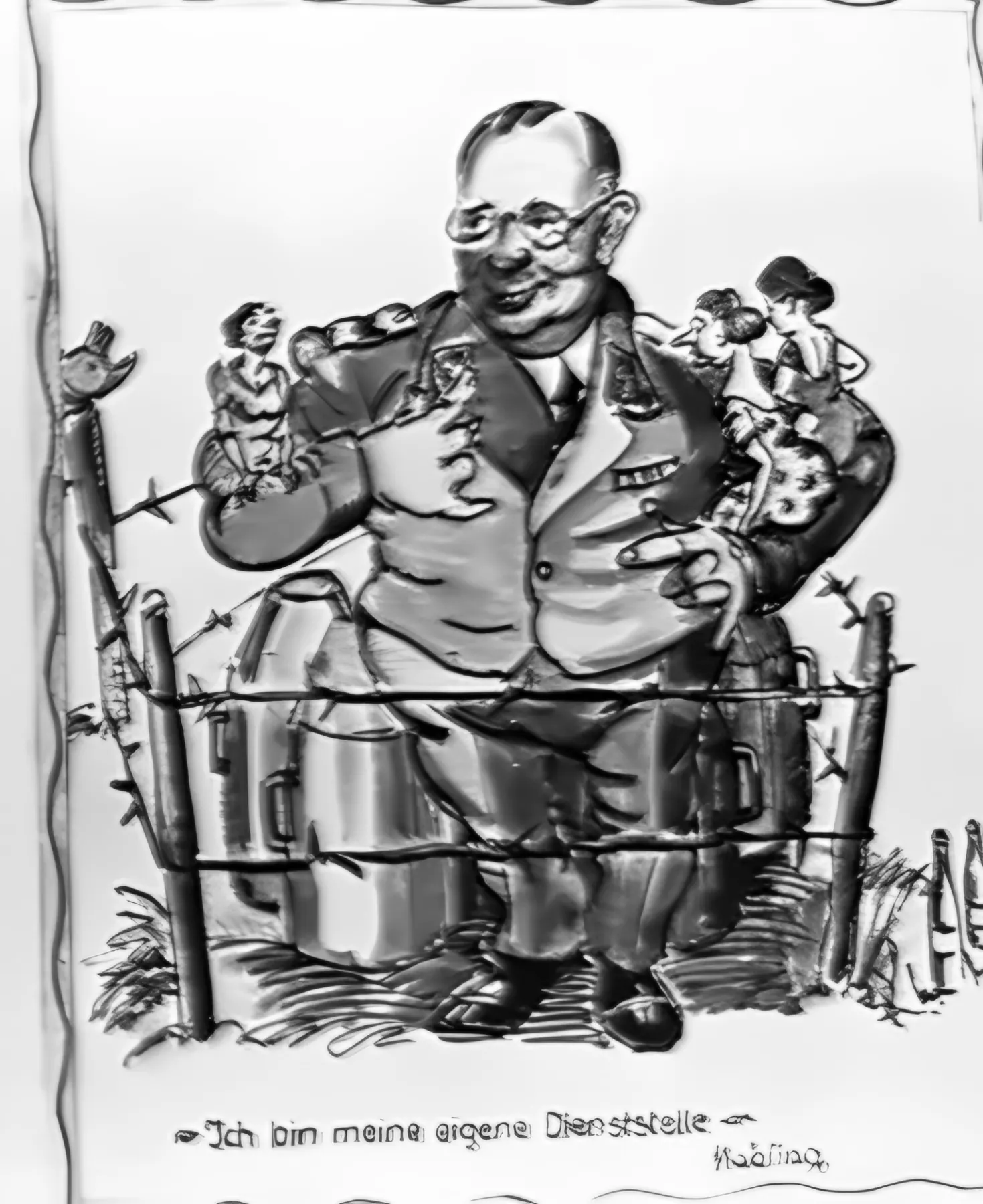 Karykatura otyłego majora siedzącego na skrzyniach amunicji