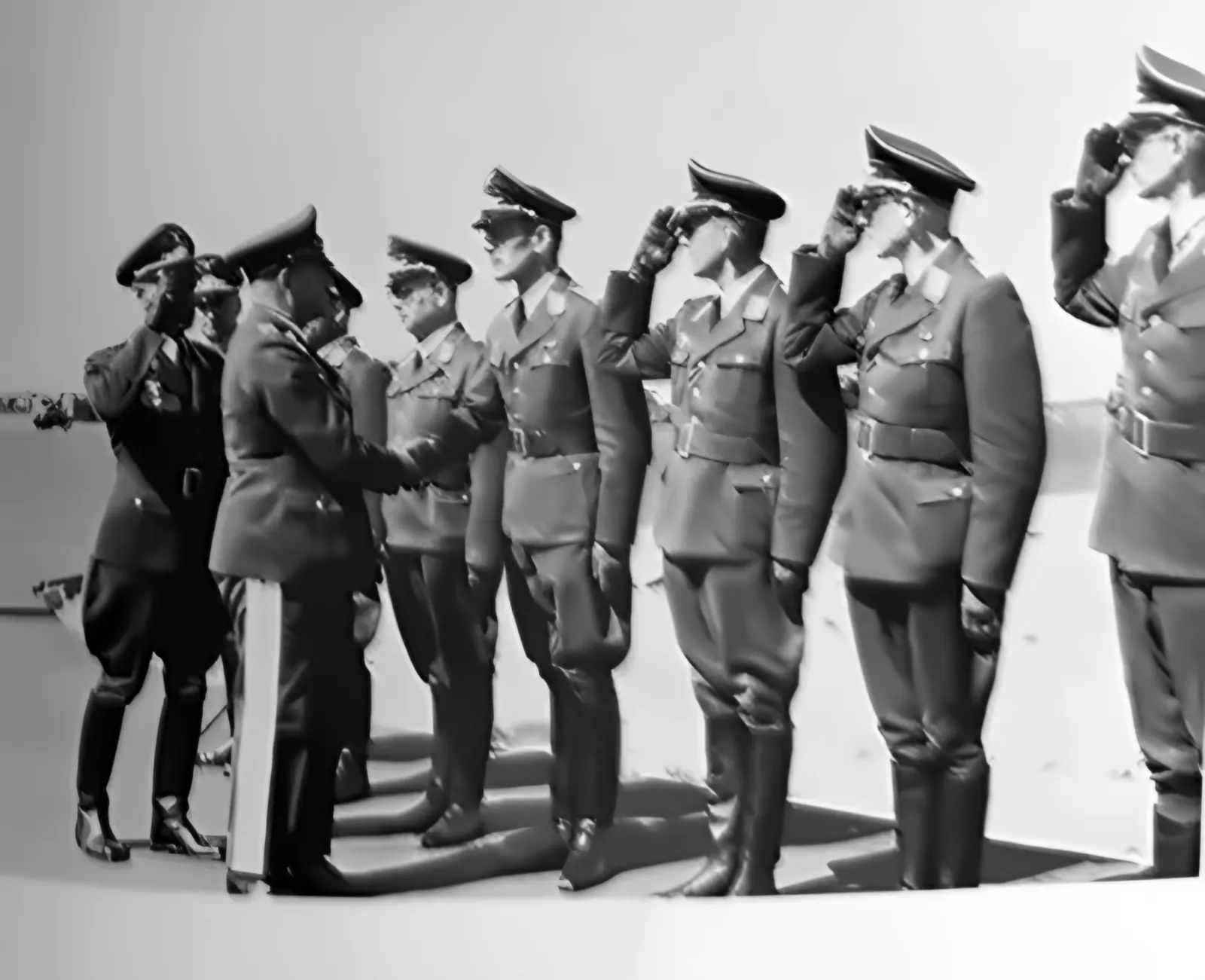 Oficerowie salutują feldmarszałkowi Milchowi na nabrzeżu