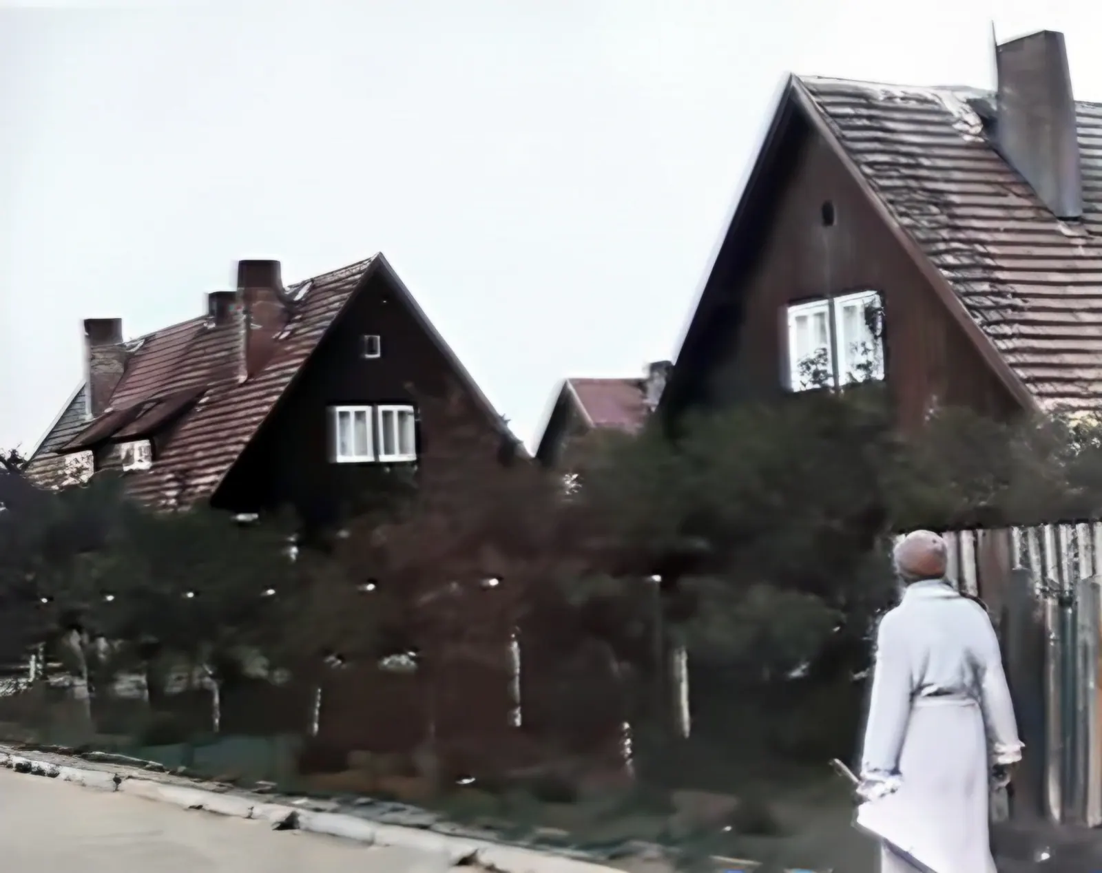 Holzhäuser mit Satteldächern hinter einer Hecke, auf dem Gehweg eine Frau im hellen Mantel