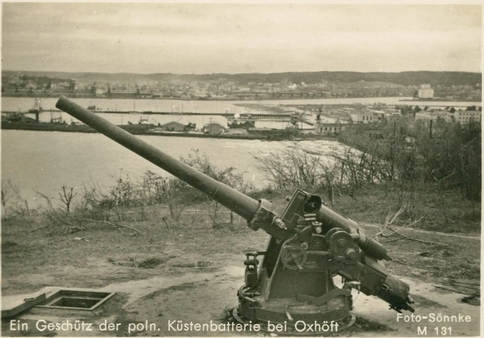 Działo polskiej baterii nadbrzeżnej na Oksywiu, 1939 (niemiecka pocztówka)